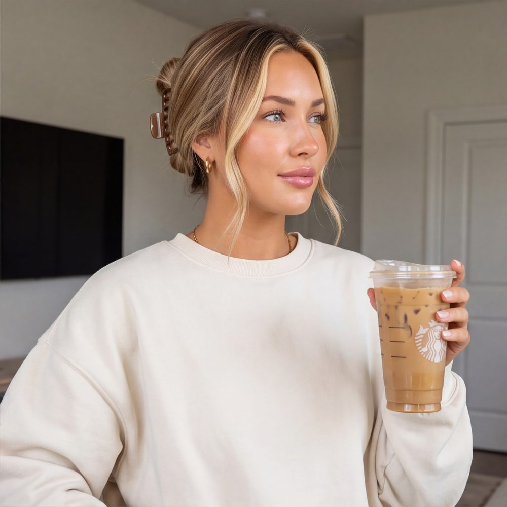 Stella with iced coffee in a cream sweatshirt